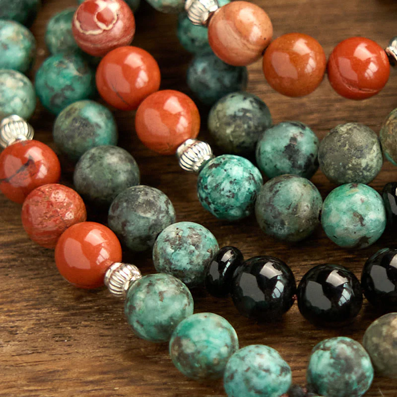 Buddha Stones 108 Mala Onice nero naturale Diaspro rosso Perline turchesi Braccialetto di protezione con nappa a testa di Buddha - Image 6