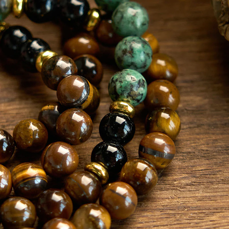 Buddha Stones 108 Mala Pietra Naturale Occhio di Tigre Perline Turchesi Nappa Braccialetto di Protezione - Image 5