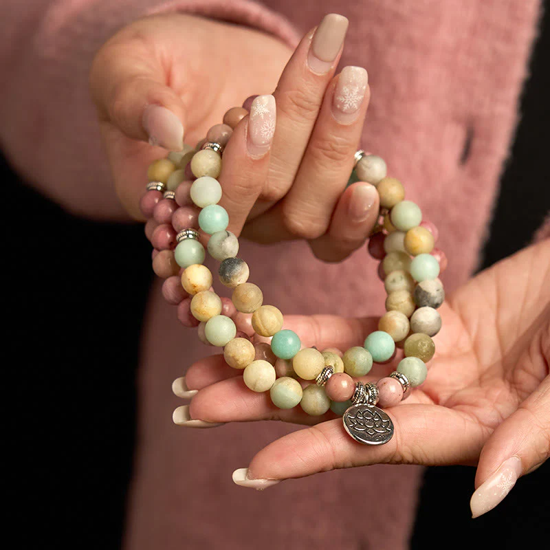 Buddha Stones 108 Mala Rhodonite Amazzonite Perline Braccialetto Compassione Loto - Image 3