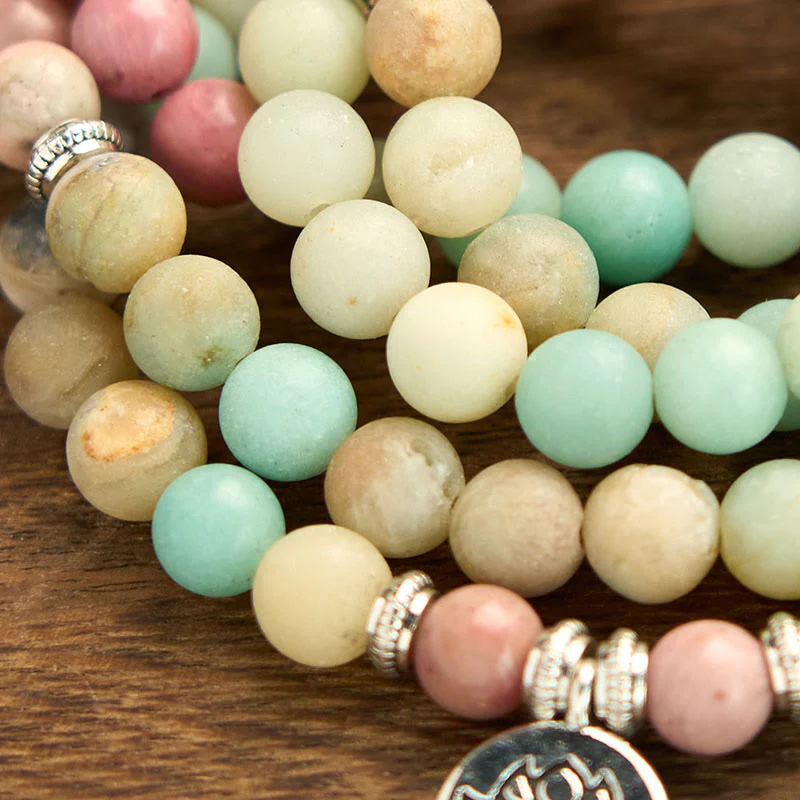 Buddha Stones 108 Mala Rhodonite Amazzonite Perline Braccialetto Compassione Loto - Image 5