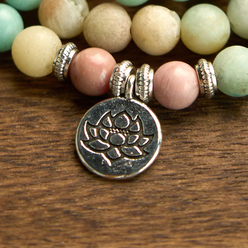 Buddha Stones 108 Mala Rhodonite Amazzonite Perline Braccialetto Compassione Loto - Image 6