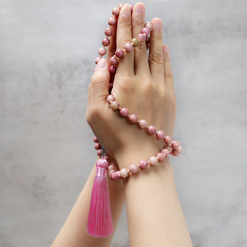 Buddha Stones 108 Mala Rhodonite Beads Yoga Meditazione Preghiera Bracciale - Image 3