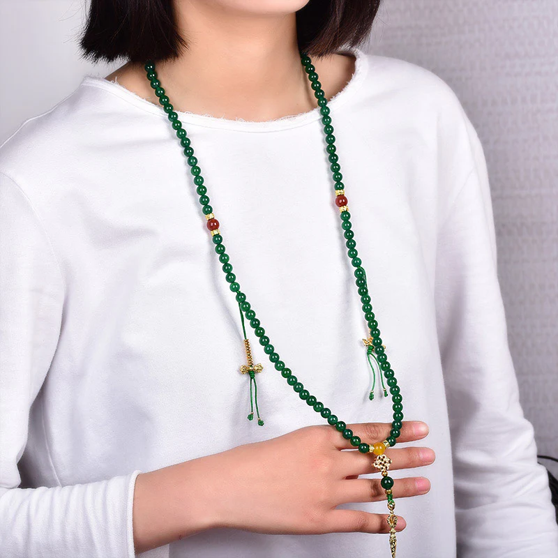 Buddha Stones 108 Perle Agata Verde Naturale Braccialetto Mala - Image 3