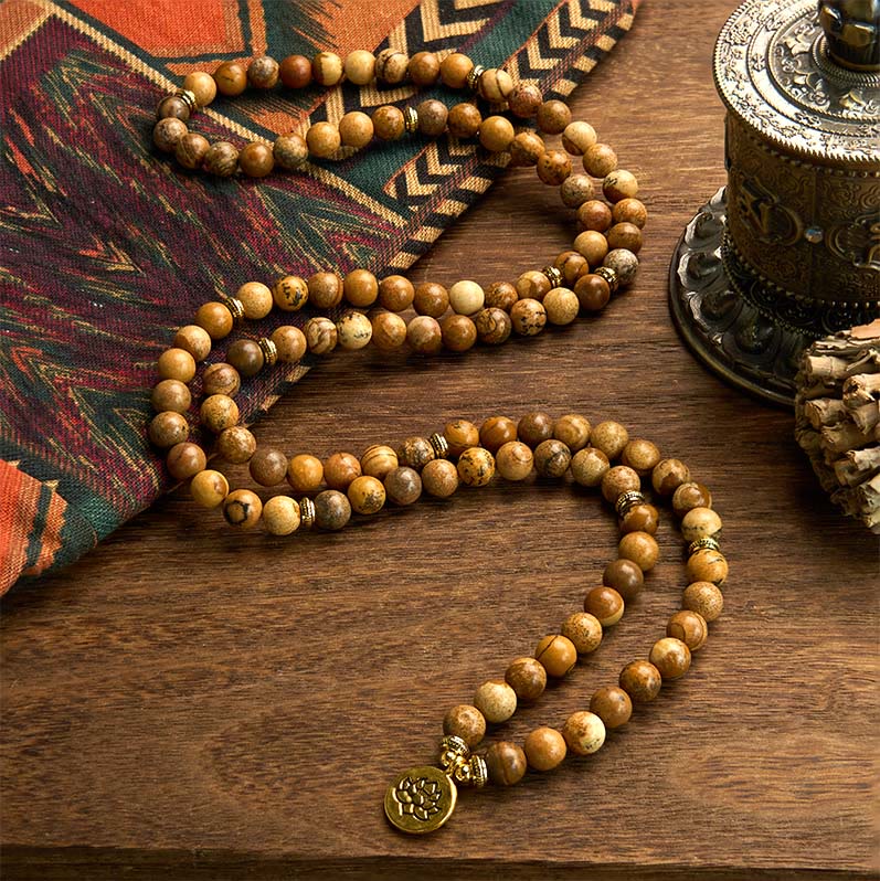 Buddha Stones 108 Perle Picture Jasper Mala Lotus Bracciale Coraggio - Image 2