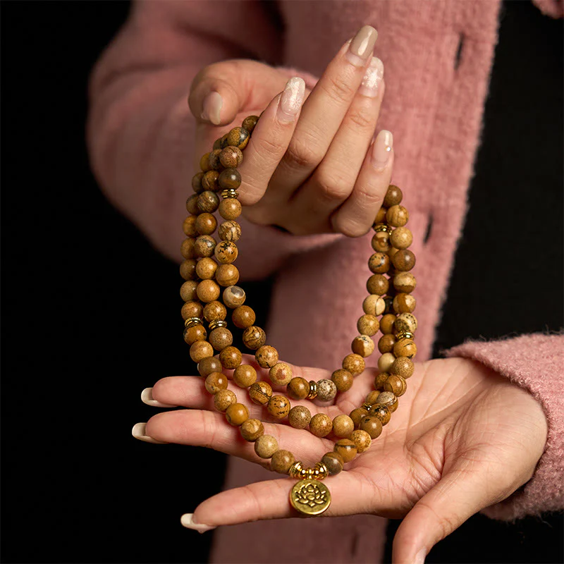 Buddha Stones 108 Perle Picture Jasper Mala Lotus Bracciale Coraggio - Image 3