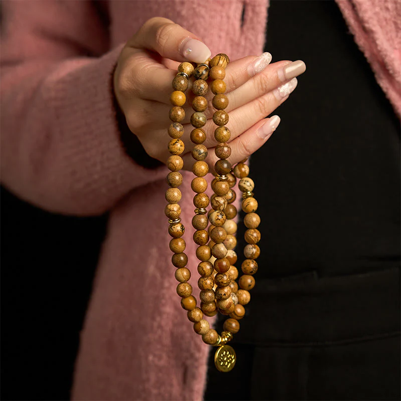 Buddha Stones 108 Perle Picture Jasper Mala Lotus Bracciale Coraggio - Image 4