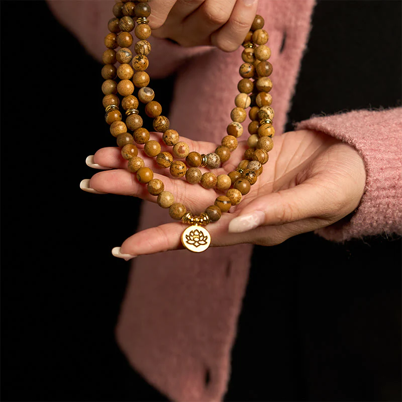 Buddha Stones 108 Perle Picture Jasper Mala Lotus Bracciale Coraggio - Image 5