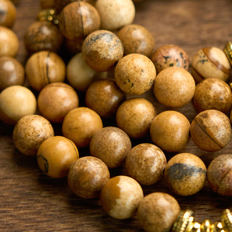 Buddha Stones 108 Perle Picture Jasper Mala Lotus Bracciale Coraggio - Image 6