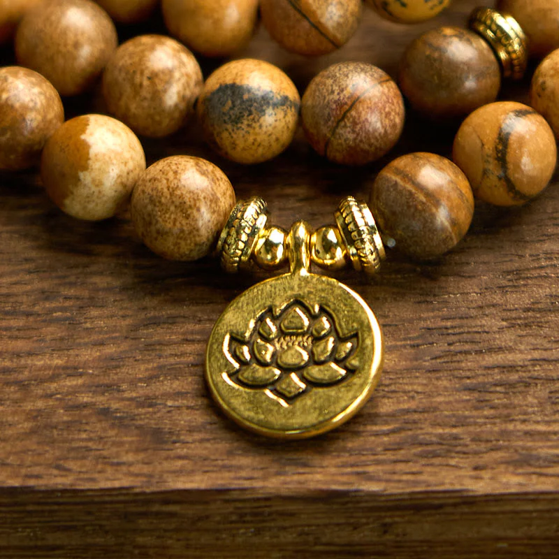 Buddha Stones 108 Perle Picture Jasper Mala Lotus Bracciale Coraggio - Image 7