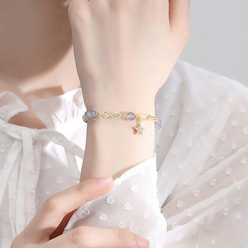 Buddha Stones 14K placcato oro naturale quarzo fragola pietra di luna Möbius Loop Eternal Love Star Bracciale positivo - Image 10