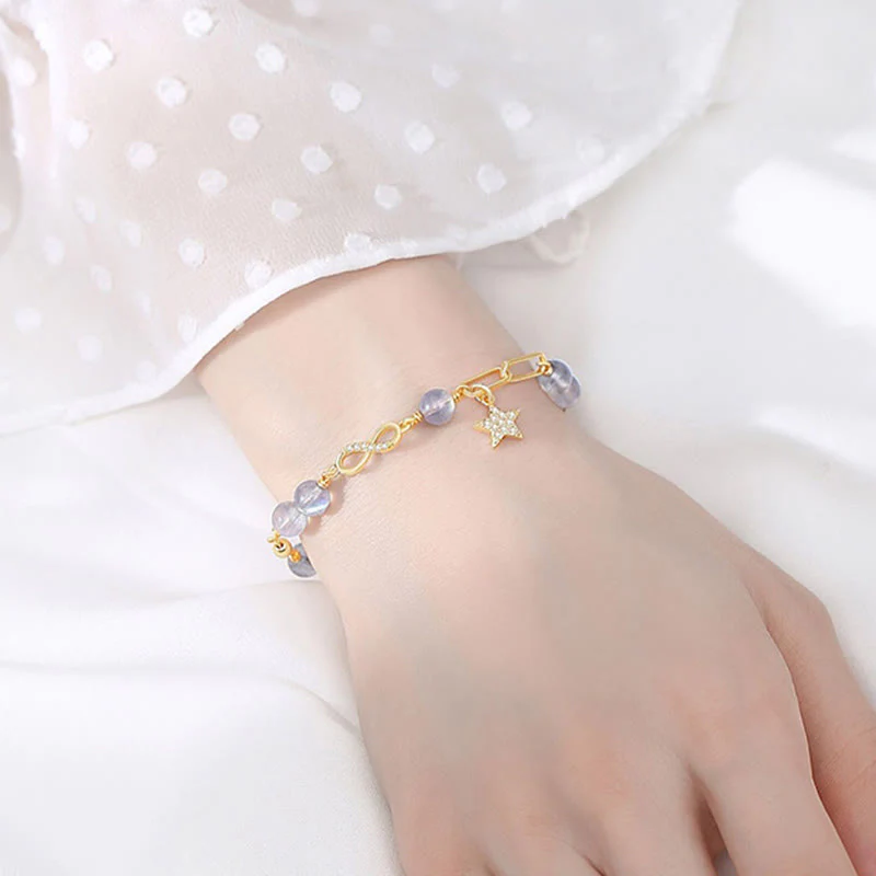 Buddha Stones 14K placcato oro naturale quarzo fragola pietra di luna Möbius Loop Eternal Love Star Bracciale positivo - Image 11