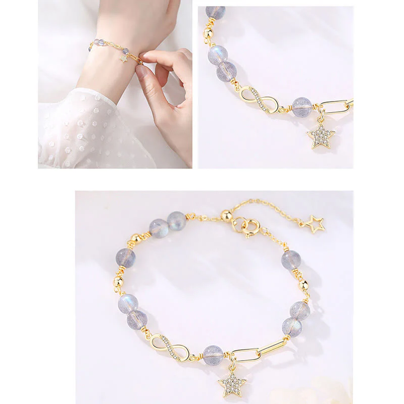 Buddha Stones 14K placcato oro naturale quarzo fragola pietra di luna Möbius Loop Eternal Love Star Bracciale positivo - Image 13