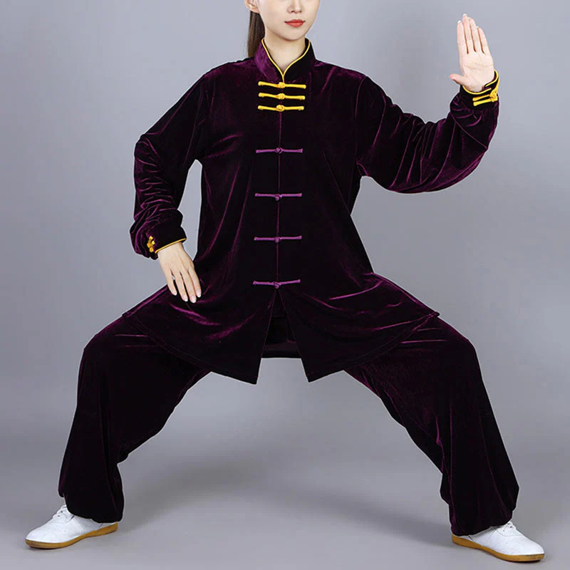 Buddha Stones 2 pezzi autunno inverno Tai Chi Qigong pratica unisex rana-bottoni meditazione velluto abbigliamento set - Image 15