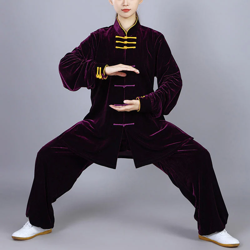 Buddha Stones 2 pezzi autunno inverno Tai Chi Qigong pratica unisex rana-bottoni meditazione velluto abbigliamento set - Image 16