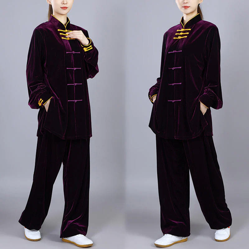 Buddha Stones 2 pezzi autunno inverno Tai Chi Qigong pratica unisex rana-bottoni meditazione velluto abbigliamento set - Image 17
