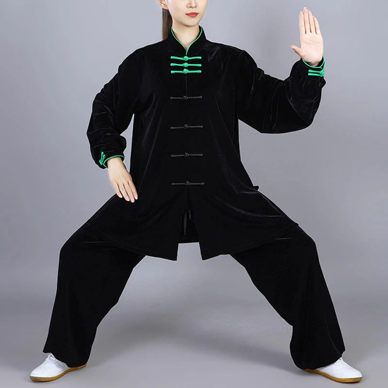 Buddha Stones 2 pezzi autunno inverno Tai Chi Qigong pratica unisex rana-bottoni meditazione velluto abbigliamento set - Image 18