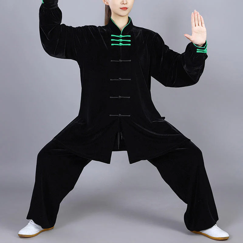 Buddha Stones 2 pezzi autunno inverno Tai Chi Qigong pratica unisex rana-bottoni meditazione velluto abbigliamento set - Image 19