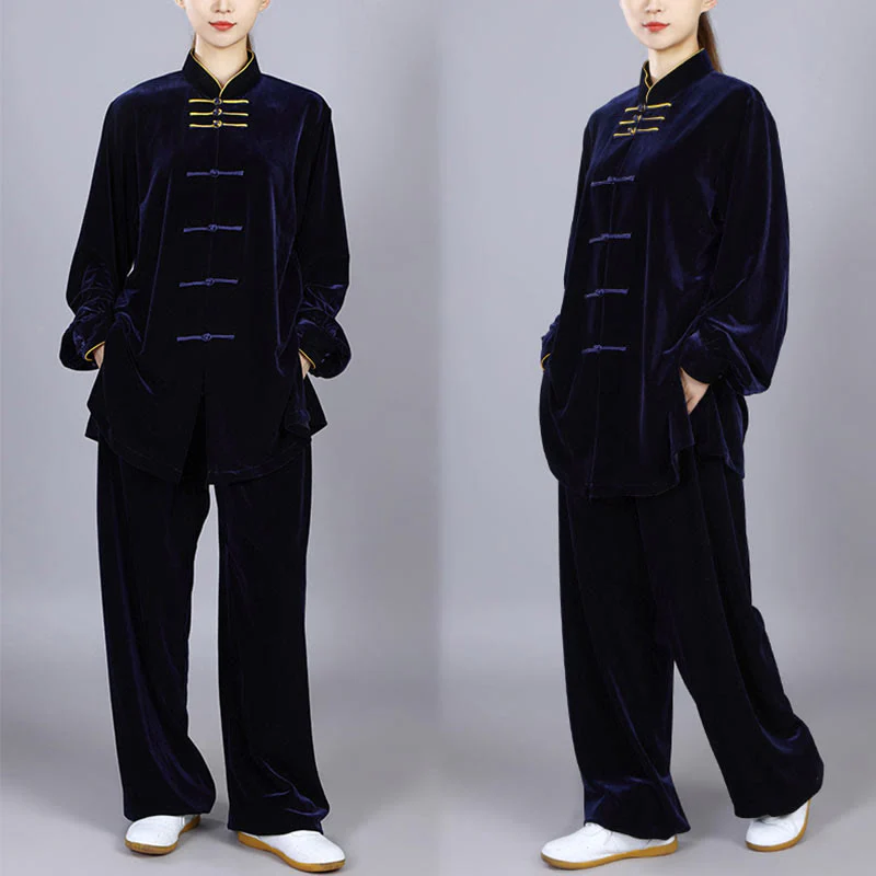 Buddha Stones 2 pezzi autunno inverno Tai Chi Qigong pratica unisex rana-bottoni meditazione velluto abbigliamento set - Image 2