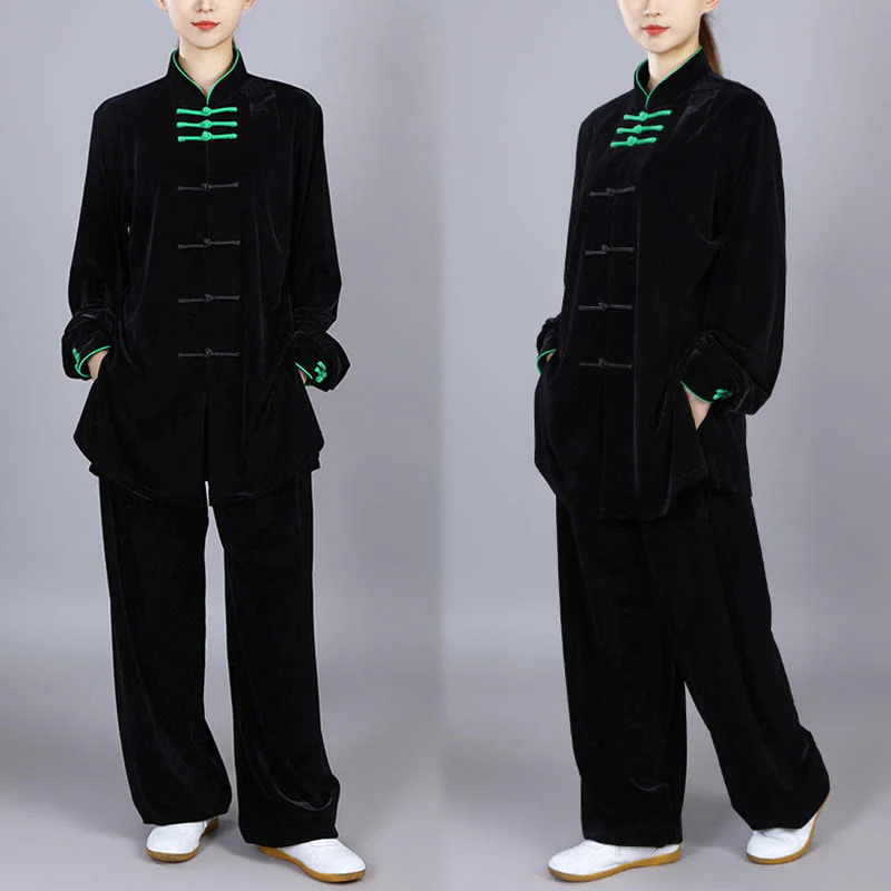 Buddha Stones 2 pezzi autunno inverno Tai Chi Qigong pratica unisex rana-bottoni meditazione velluto abbigliamento set - Image 20