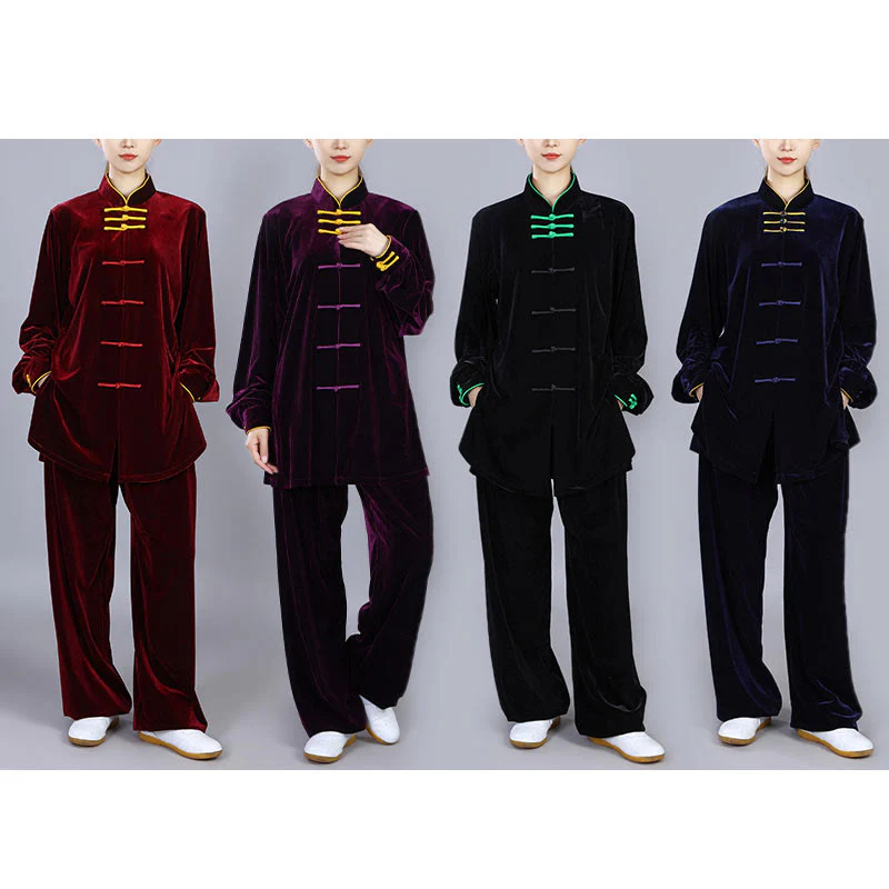 Buddha Stones 2 pezzi autunno inverno Tai Chi Qigong pratica unisex rana-bottoni meditazione velluto abbigliamento set - Image 22