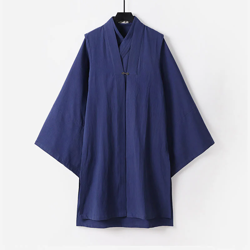 Buddha Stones 2 pezzi autunno solido manica lunga uomo taoista lunga veste kimono con lacci senza maniche gilet abito cerimonia qigong - Image 18