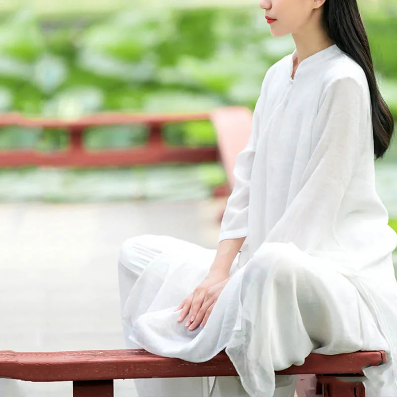 Buddha Stones 2 pezzi bianco Tai Chi Meditazione Yoga Zen Cotone Lino Abbigliamento Top Pantaloni Set da donna - Image 11