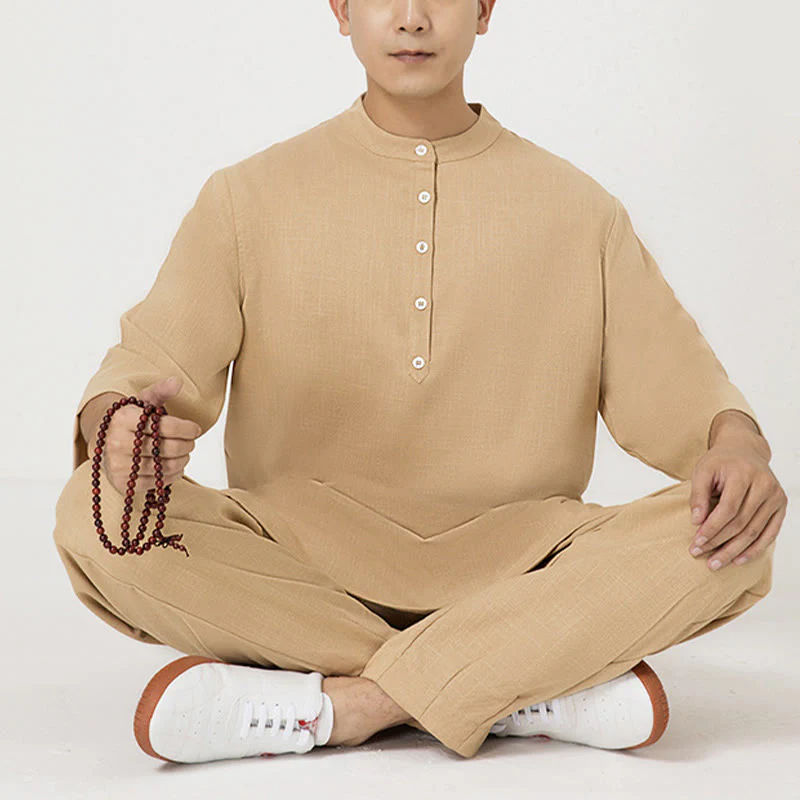 Buddha Stones 2 pezzi bottoni uomo tre quarti manica camicia top pantaloni meditazione zen tai chi cotone lino abbigliamento set - Image 14