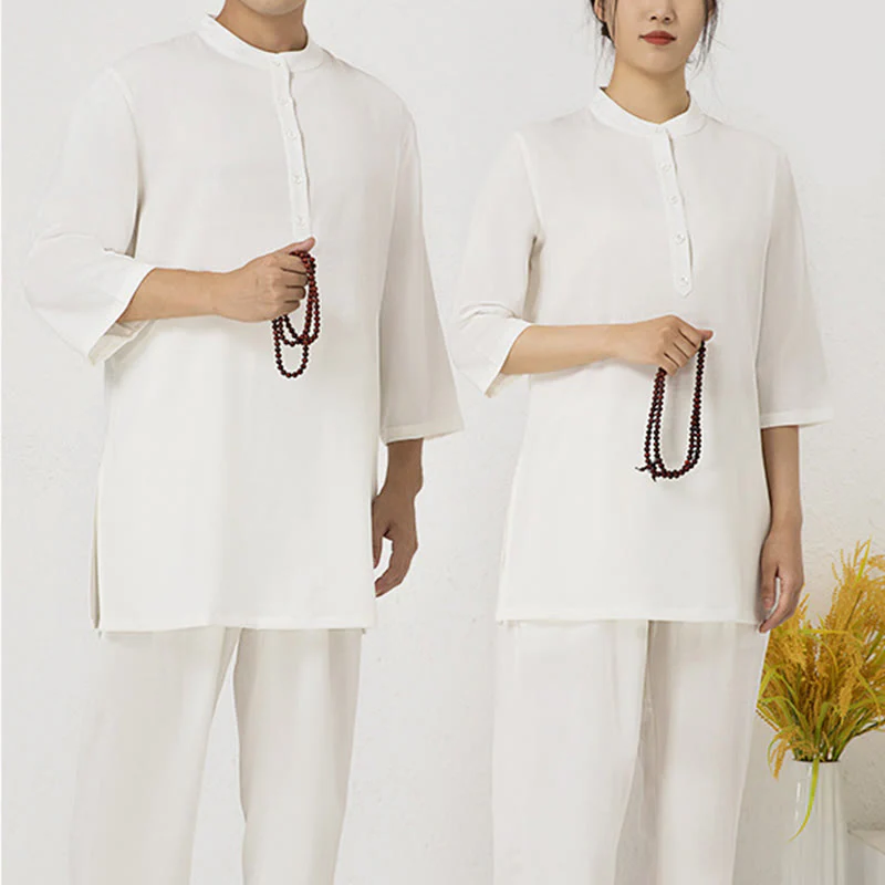 Buddha Stones 2 pezzi bottoni uomo tre quarti manica camicia top pantaloni meditazione zen tai chi cotone lino abbigliamento set - Image 4