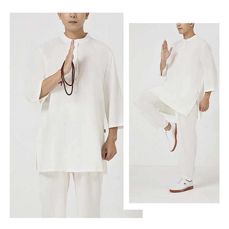 Buddha Stones 2 pezzi bottoni uomo tre quarti manica camicia top pantaloni meditazione zen tai chi cotone lino abbigliamento set - Image 5