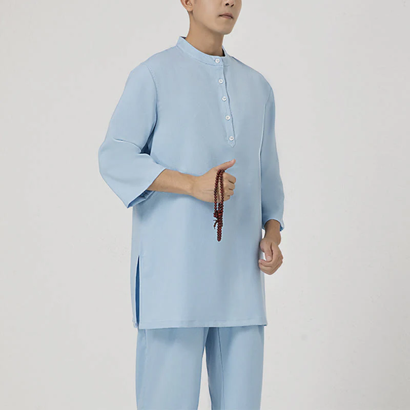 Buddha Stones 2 pezzi bottoni uomo tre quarti manica camicia top pantaloni meditazione zen tai chi cotone lino abbigliamento set - Image 8