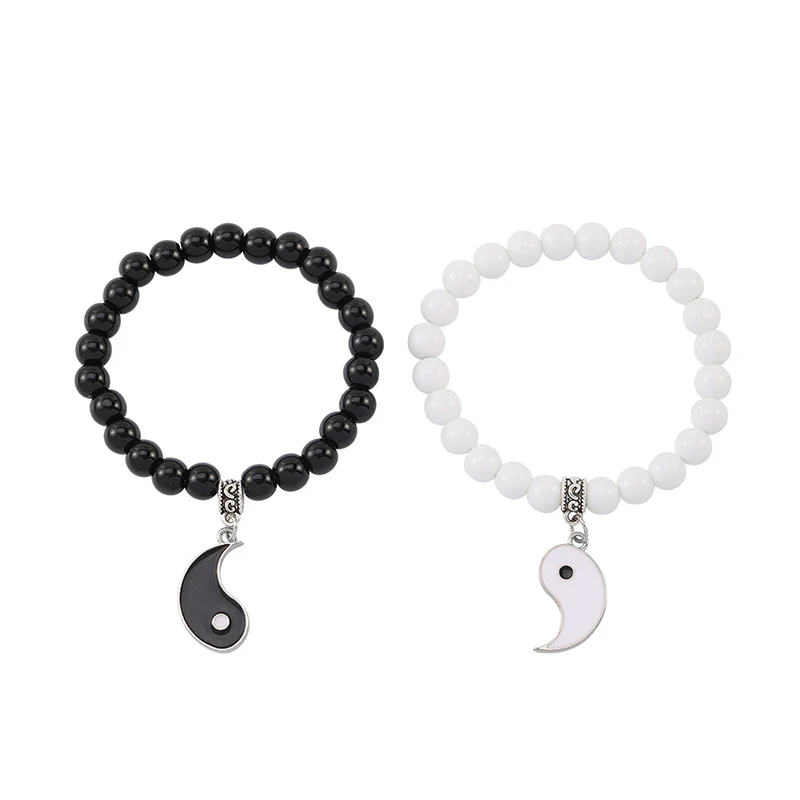 Buddha Stones 2 pezzi Braccialetto di coppia di protezione Yin Yang con perline di turchese bianco e onice nero - Image 10