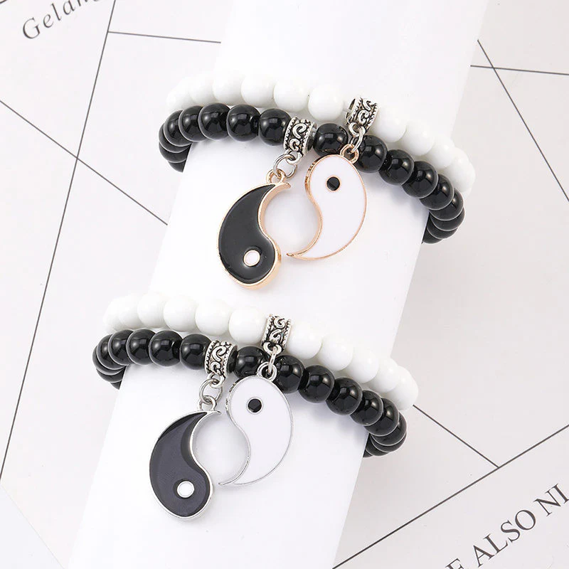 Buddha Stones 2 pezzi Braccialetto di coppia di protezione Yin Yang con perline di turchese bianco e onice nero - Image 11