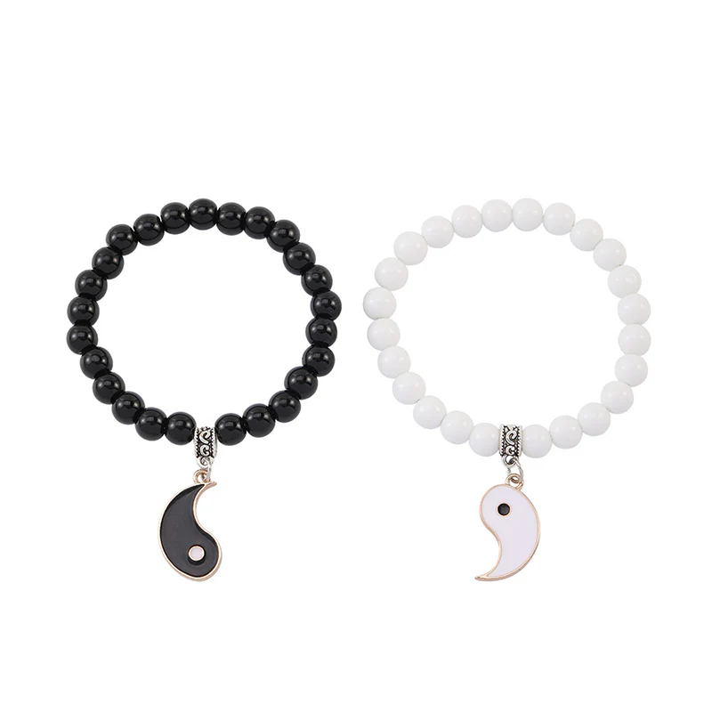 Buddha Stones 2 pezzi Braccialetto di coppia di protezione Yin Yang con perline di turchese bianco e onice nero - Image 12