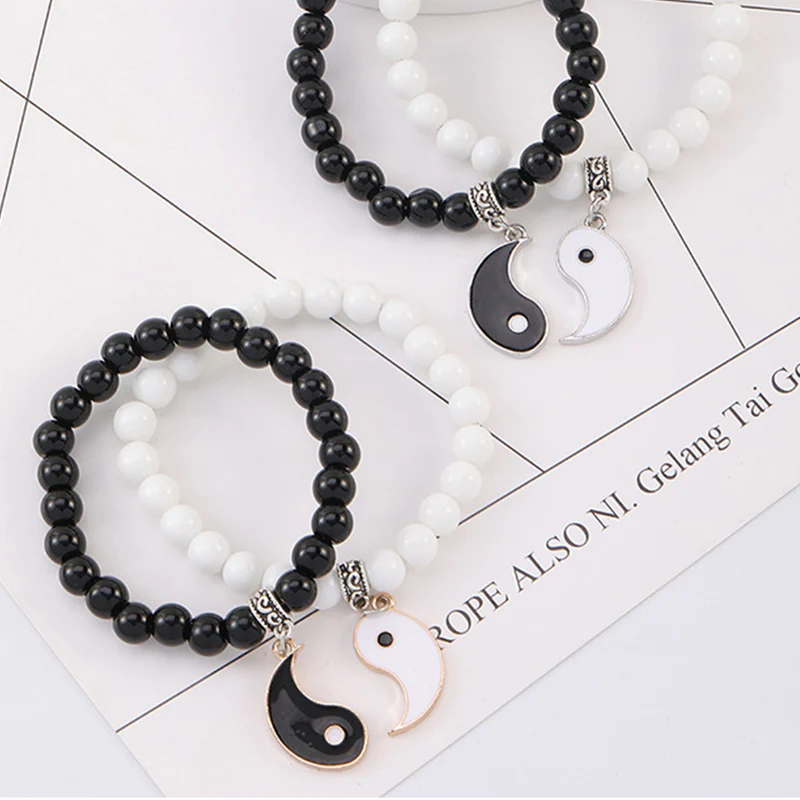 Buddha Stones 2 pezzi Braccialetto di coppia di protezione Yin Yang con perline di turchese bianco e onice nero - Image 13
