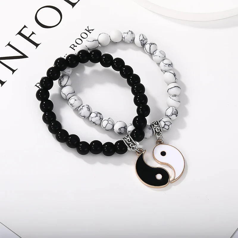 Buddha Stones 2 pezzi Braccialetto di coppia di protezione Yin Yang con perline di turchese bianco e onice nero - Image 15