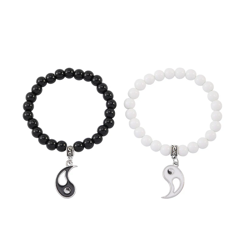 Buddha Stones 2 pezzi Braccialetto di coppia di protezione Yin Yang con perline di turchese bianco e onice nero - Image 6