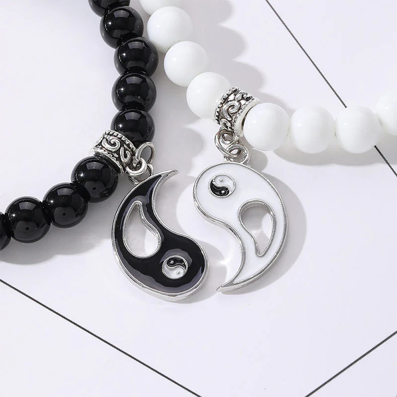 Buddha Stones 2 pezzi Braccialetto di coppia di protezione Yin Yang con perline di turchese bianco e onice nero - Image 8