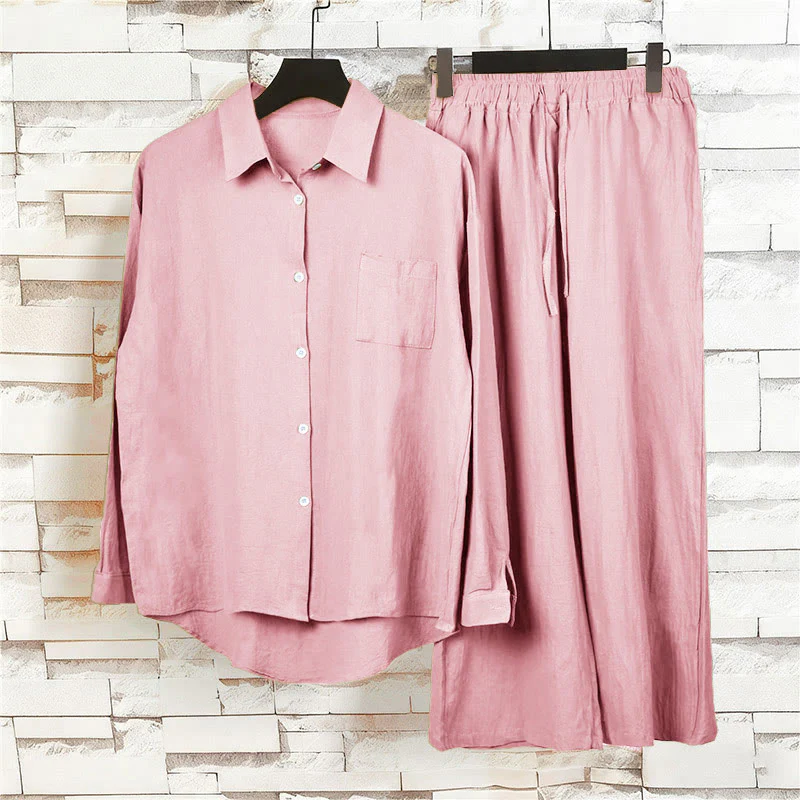 Buddha Stones 2 pezzi camicia a maniche lunghe con tasche pantaloni con coulisse meditazione cotone lino abbigliamento da donna set - Image 12
