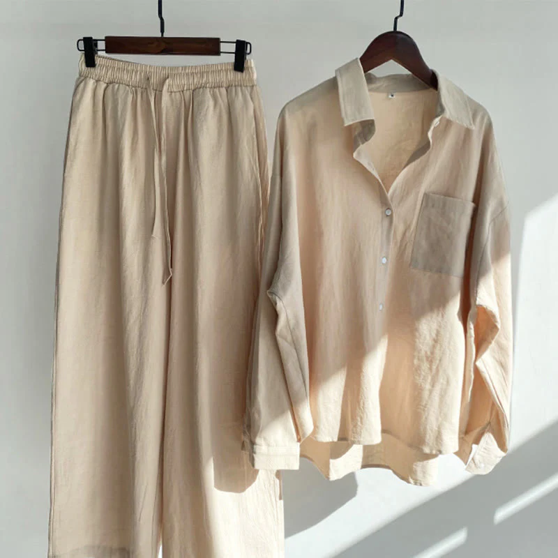 Buddha Stones 2 pezzi camicia a maniche lunghe con tasche pantaloni con coulisse meditazione cotone lino abbigliamento da donna set - Image 13
