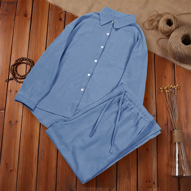 Buddha Stones 2 pezzi camicia a maniche lunghe con tasche pantaloni con coulisse meditazione cotone lino abbigliamento da donna set - Image 20