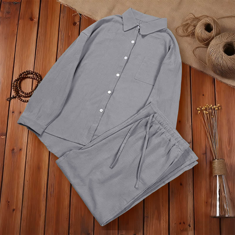Buddha Stones 2 pezzi camicia a maniche lunghe con tasche pantaloni con coulisse meditazione cotone lino abbigliamento da donna set - Image 50