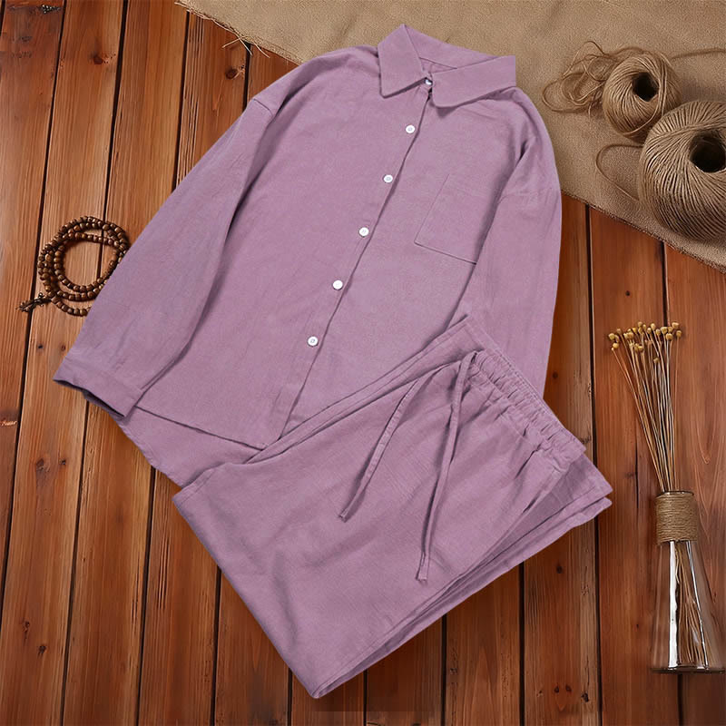 Buddha Stones 2 pezzi camicia a maniche lunghe con tasche pantaloni con coulisse meditazione cotone lino abbigliamento da donna set - Image 56