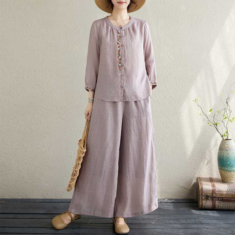 Buddha Stones 2 pezzi cotone ricamo fiori camicia top pantaloni meditazione zen tai chi abbigliamento donna set