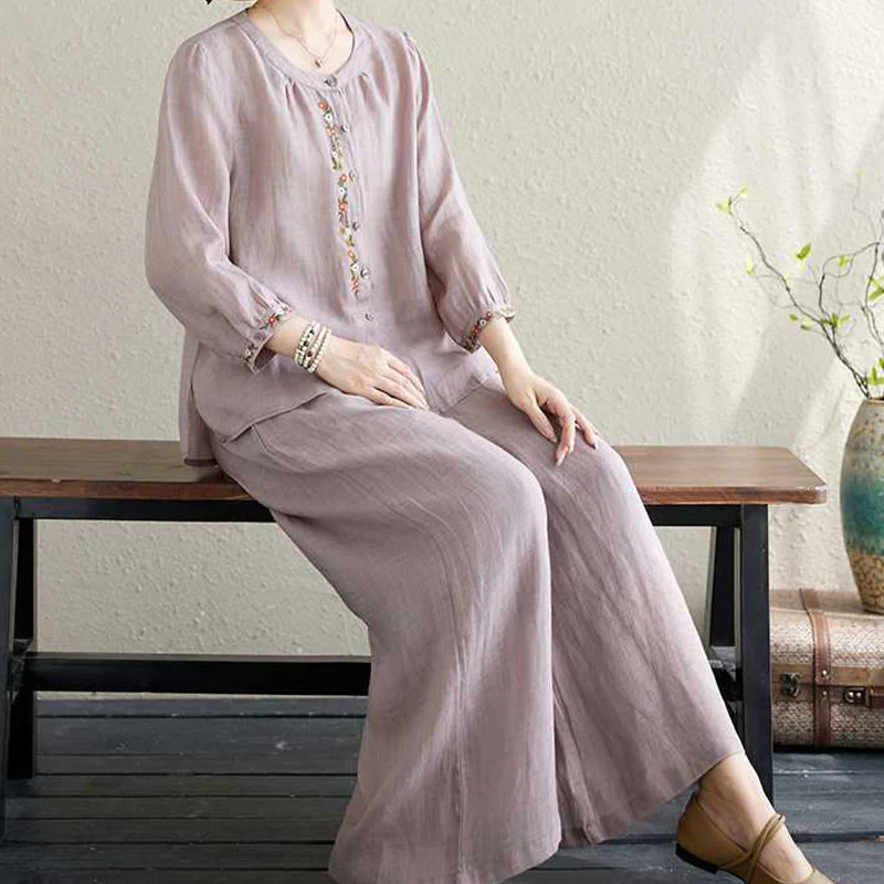 Buddha Stones 2 pezzi cotone ricamo fiori camicia top pantaloni meditazione zen tai chi abbigliamento donna set - Image 10
