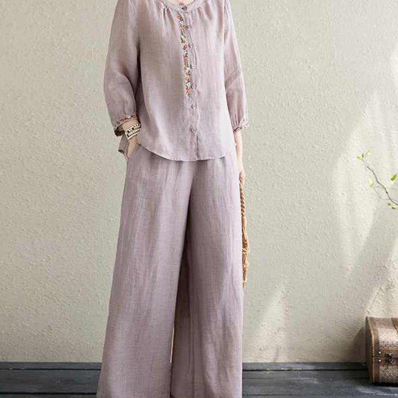 Buddha Stones 2 pezzi cotone ricamo fiori camicia top pantaloni meditazione zen tai chi abbigliamento donna set - Image 11