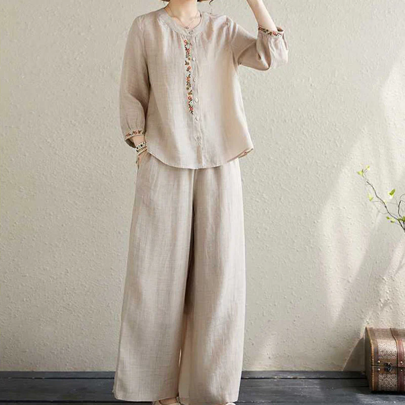 Buddha Stones 2 pezzi cotone ricamo fiori camicia top pantaloni meditazione zen tai chi abbigliamento donna set - Image 12