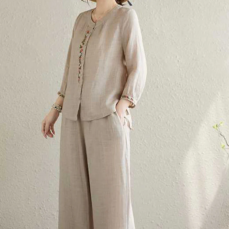 Buddha Stones 2 pezzi cotone ricamo fiori camicia top pantaloni meditazione zen tai chi abbigliamento donna set - Image 14