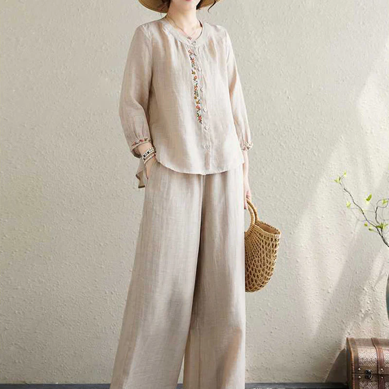 Buddha Stones 2 pezzi cotone ricamo fiori camicia top pantaloni meditazione zen tai chi abbigliamento donna set - Image 15