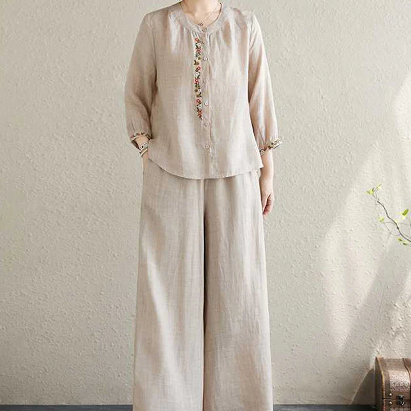 Buddha Stones 2 pezzi cotone ricamo fiori camicia top pantaloni meditazione zen tai chi abbigliamento donna set - Image 16