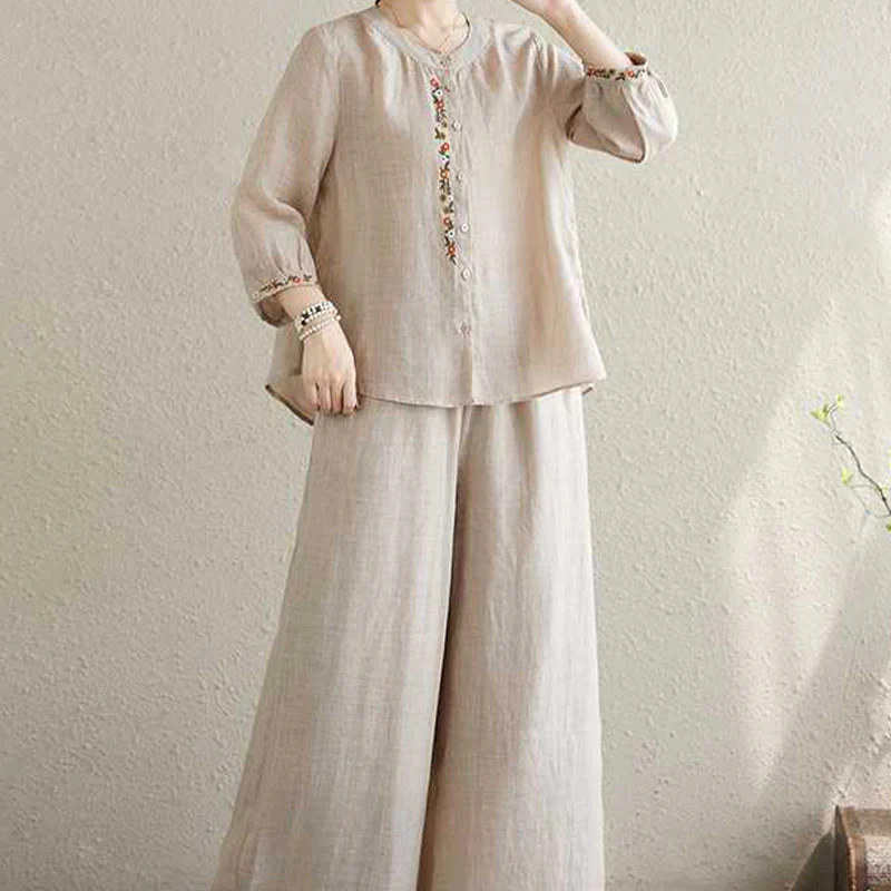Buddha Stones 2 pezzi cotone ricamo fiori camicia top pantaloni meditazione zen tai chi abbigliamento donna set - Image 17